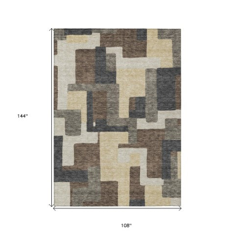 Homeroots 3' Beige Tan And Taupe Abstract Washable Area Rug For Indoor Or Outdoor Use - Durable Design 9' X 12' Polyester 584138