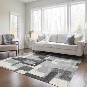 Homeroots 3' Beige Tan And Taupe Abstract Washable Area Rug For Indoor Or Outdoor Use - Durable Design 5' X 8' Polyester 584147