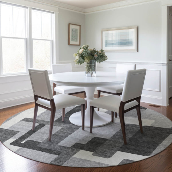 Homeroots 3' Beige Tan And Taupe Abstract Washable Area Rug For Indoor Or Outdoor Use - Durable Design 8' Round Polyester 584148