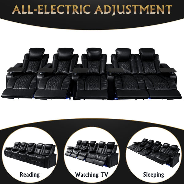 English Elm 601-black-1lg1lg1lg1lg1rg Nappa Leather Power Recliner with Rgb Lighting Home Theater W3819S00097