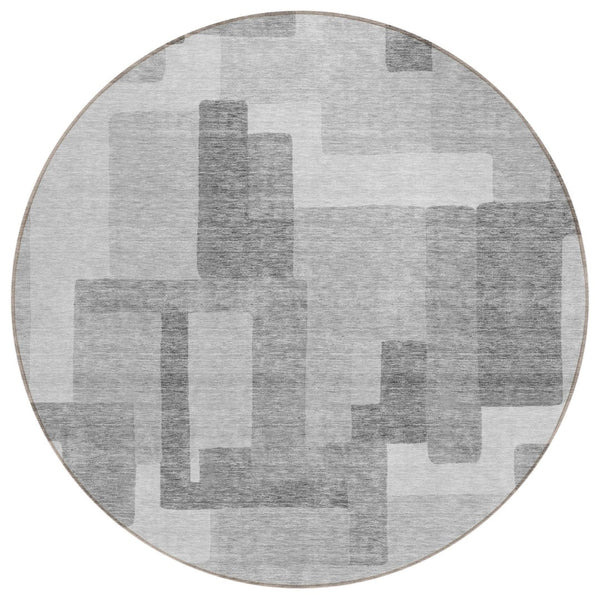 HomeRoots 5' Modern Silver and Charcoal Abstract Washable Area Rug for Indoor and Outdoor Spaces, Durable Design 8' Round 584166