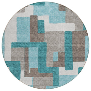 HomeRoots 5' Stylish Teal Blue Aqua Beige Abstract Area Rug - Machine Washable, Indoor/Outdoor, Easy Care 8' Round 584172