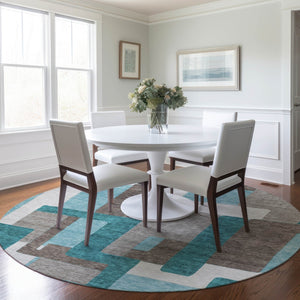 Homeroots 3' Beige Tan And Taupe Abstract Washable Area Rug For Indoor Or Outdoor Use - Durable Design 8' Round Polyester 584172