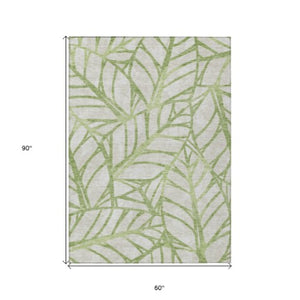 Homeroots 3' Artichoke Green And Beige Floral Washable Area Rug For Indoor Outdoor Use, Durable & Stylish 5' X 8' Polyester 584177