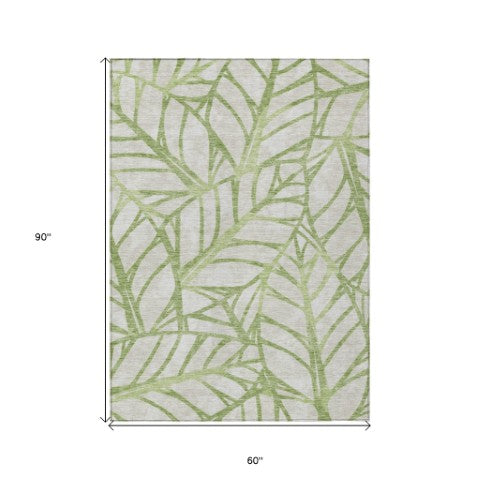 Homeroots 3' Artichoke Green And Beige Floral Washable Area Rug For Indoor Outdoor Use, Durable & Stylish 5' X 8' Polyester 584177