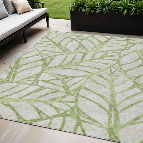 Homeroots 3' Artichoke Green And Beige Floral Washable Area Rug For Indoor Outdoor Use, Durable & Stylish 5' X 8' Polyester 584177