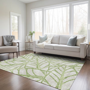 Homeroots 3' Artichoke Green And Beige Floral Washable Area Rug For Indoor Outdoor Use, Durable & Stylish 5' X 8' Polyester 584177