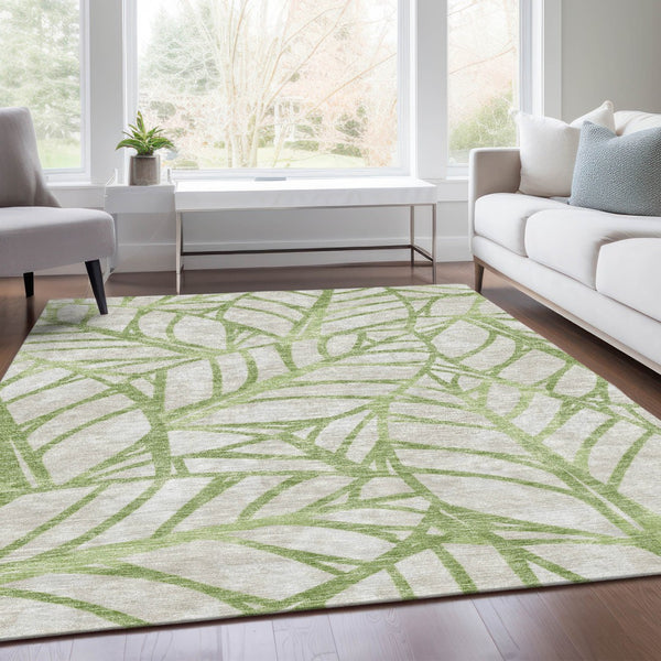 Homeroots 3' Artichoke Green And Beige Floral Washable Area Rug For Indoor Outdoor Use, Durable & Stylish 8' X 10' Polyester 584179