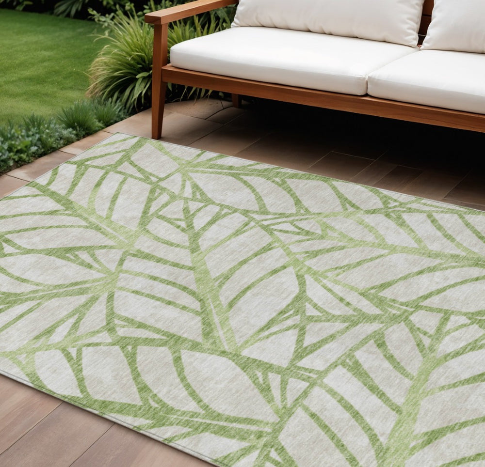 HomeRoots 5' Artichoke Green Beige Floral Indoor Outdoor Area Rug - Durable, Washable, Stain-Resistant Design 10' X 14' 584181