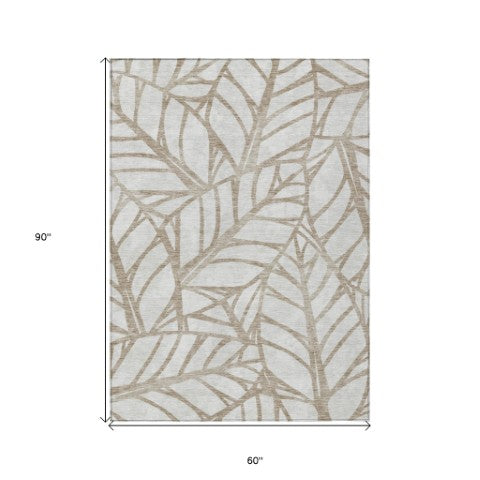 Homeroots 3' Artichoke Green And Beige Floral Washable Area Rug For Indoor Outdoor Use, Durable & Stylish 5' X 8' Polyester 584183