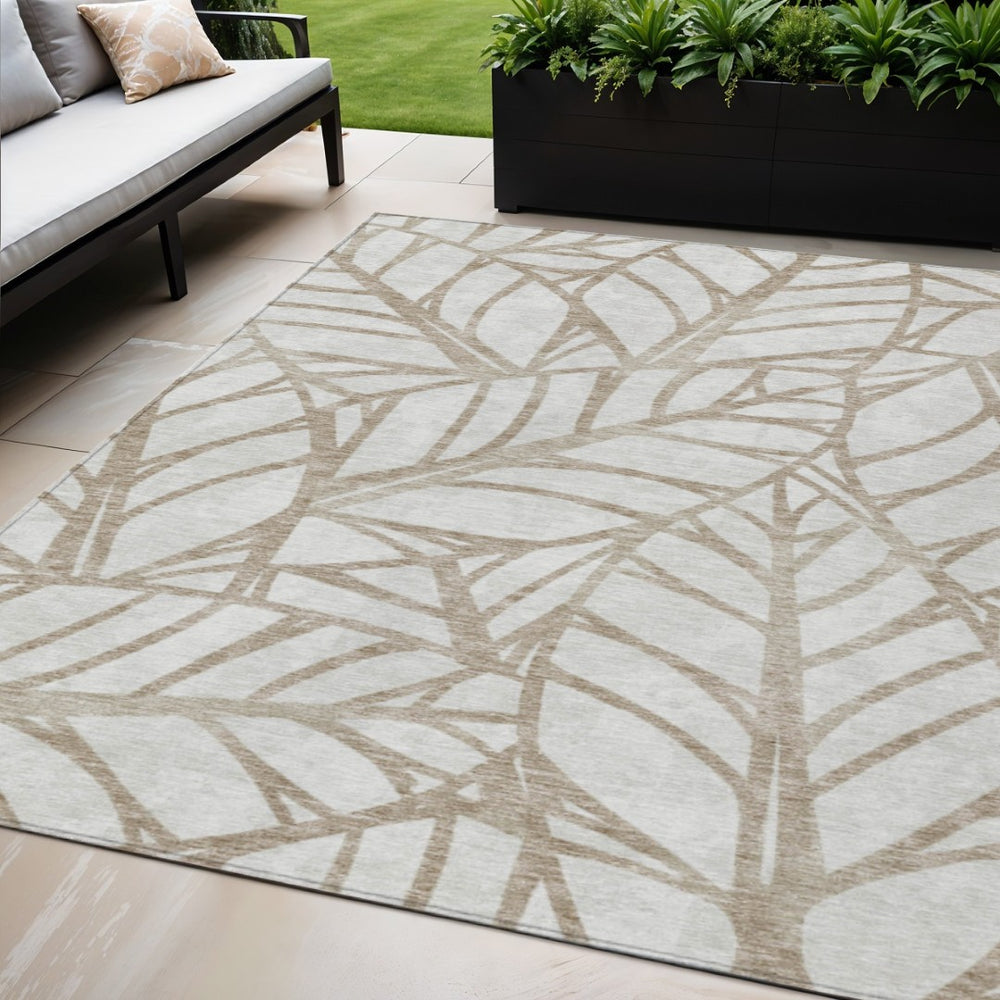 HomeRoots 5' Elegant Beige and Brown Floral Washable Area Rug for Indoor and Outdoor Spaces - Durable Design 5' X 8' 584183