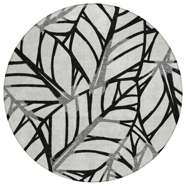 HomeRoots 5' Floral Area Rug - Durable, Washable, Indoor/Outdoor Design in Elegant Black, Gray, and Beige Tones 8' Round 584190