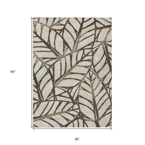 Homeroots 3' Artichoke Green And Beige Floral Washable Area Rug For Indoor Outdoor Use, Durable & Stylish 3' X 5' Polyester 584194