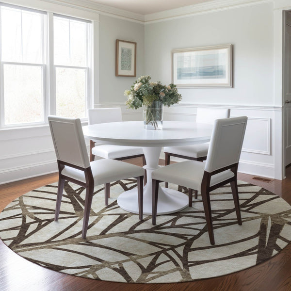 Homeroots 3' Artichoke Green And Beige Floral Washable Area Rug For Indoor Outdoor Use, Durable & Stylish 8' Round Polyester 584196