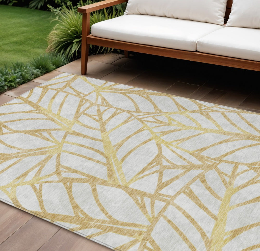 HomeRoots 9' Gold and Beige Floral Area Rug - Durable, Washable Design for Indoor and Outdoor Spaces, Easy Care 9' X 12' 584204