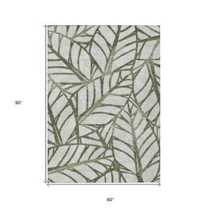 Homeroots 3' Artichoke Green And Beige Floral Washable Area Rug For Indoor Outdoor Use, Durable & Stylish 5' X 8' Polyester 584219