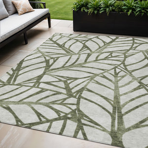 Homeroots 3' Artichoke Green And Beige Floral Washable Area Rug For Indoor Outdoor Use, Durable & Stylish 5' X 8' Polyester 584219