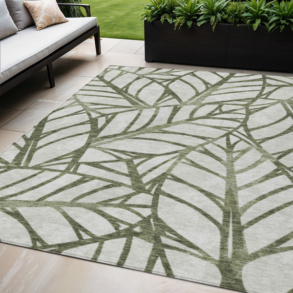Homeroots 3' Artichoke Green And Beige Floral Washable Area Rug For Indoor Outdoor Use, Durable & Stylish 5' X 8' Polyester 584219