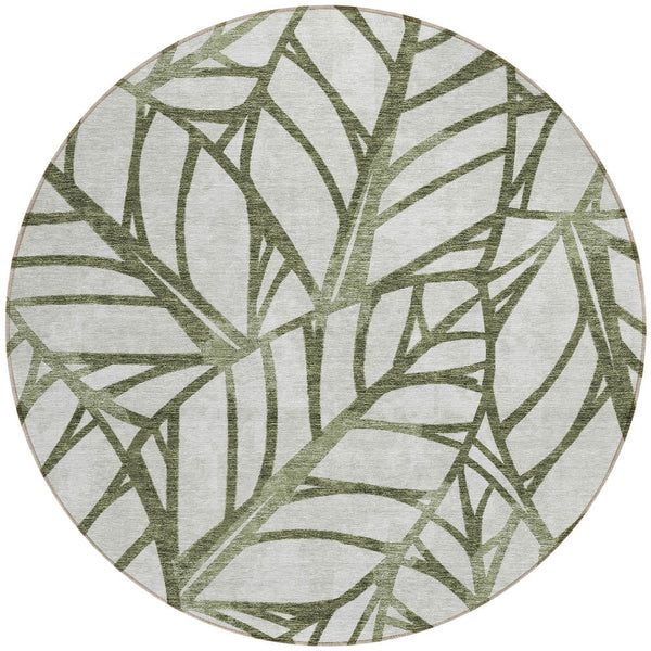 Homeroots 3' Artichoke Green And Beige Floral Washable Area Rug For Indoor Outdoor Use, Durable & Stylish 8' Round Polyester 584220