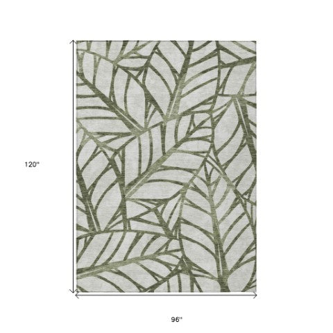 Homeroots 3' Artichoke Green And Beige Floral Washable Area Rug For Indoor Outdoor Use, Durable & Stylish 8' X 10' Polyester 584221