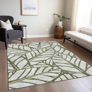 Homeroots 3' Artichoke Green And Beige Floral Washable Area Rug For Indoor Outdoor Use, Durable & Stylish 8' X 10' Polyester 584221