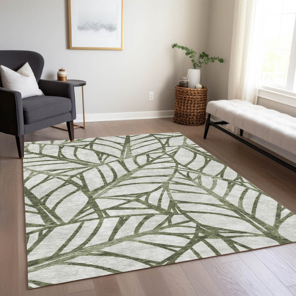 Homeroots 3' Artichoke Green And Beige Floral Washable Area Rug For Indoor Outdoor Use, Durable & Stylish 8' X 10' Polyester 584221