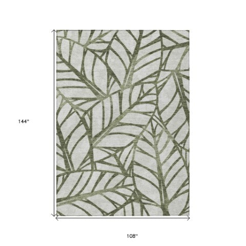 Homeroots 3' Artichoke Green And Beige Floral Washable Area Rug For Indoor Outdoor Use, Durable & Stylish 9' X 12' Polyester 584222