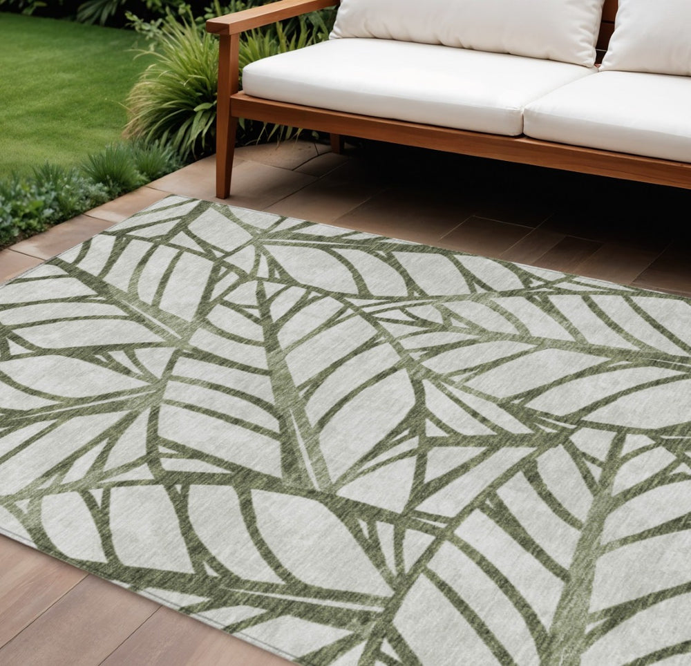 HomeRoots 9' Olive Green and Beige Floral Area Rug - Durable, Washable Design for Indoor and Outdoor Spaces 9' X 12' 584222