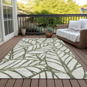 Homeroots 3' Artichoke Green And Beige Floral Washable Area Rug For Indoor Outdoor Use, Durable & Stylish 9' X 12' Polyester 584222