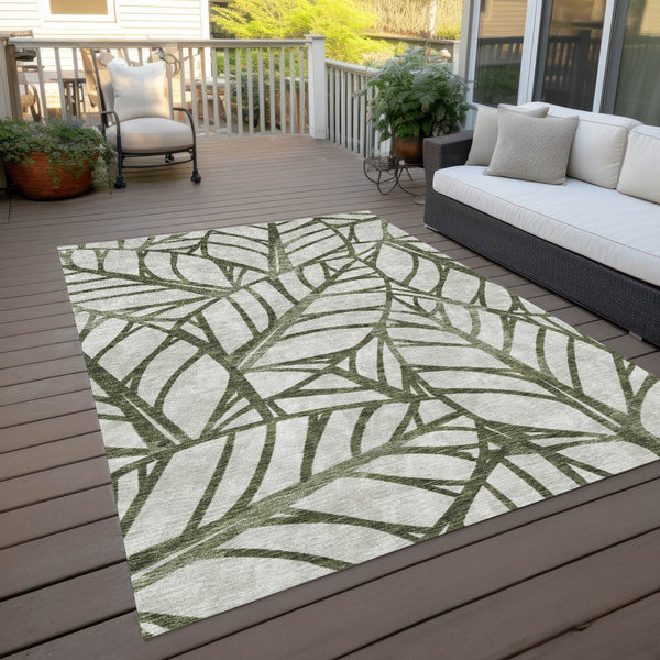 Homeroots 3' Artichoke Green And Beige Floral Washable Area Rug For Indoor Outdoor Use, Durable & Stylish 9' X 12' Polyester 584222