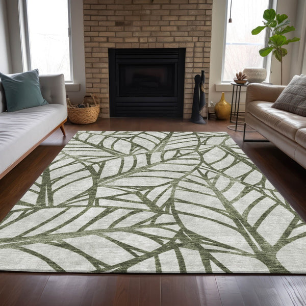 Homeroots 3' Artichoke Green And Beige Floral Washable Area Rug For Indoor Outdoor Use, Durable & Stylish 10' X 14' Polyester 584223