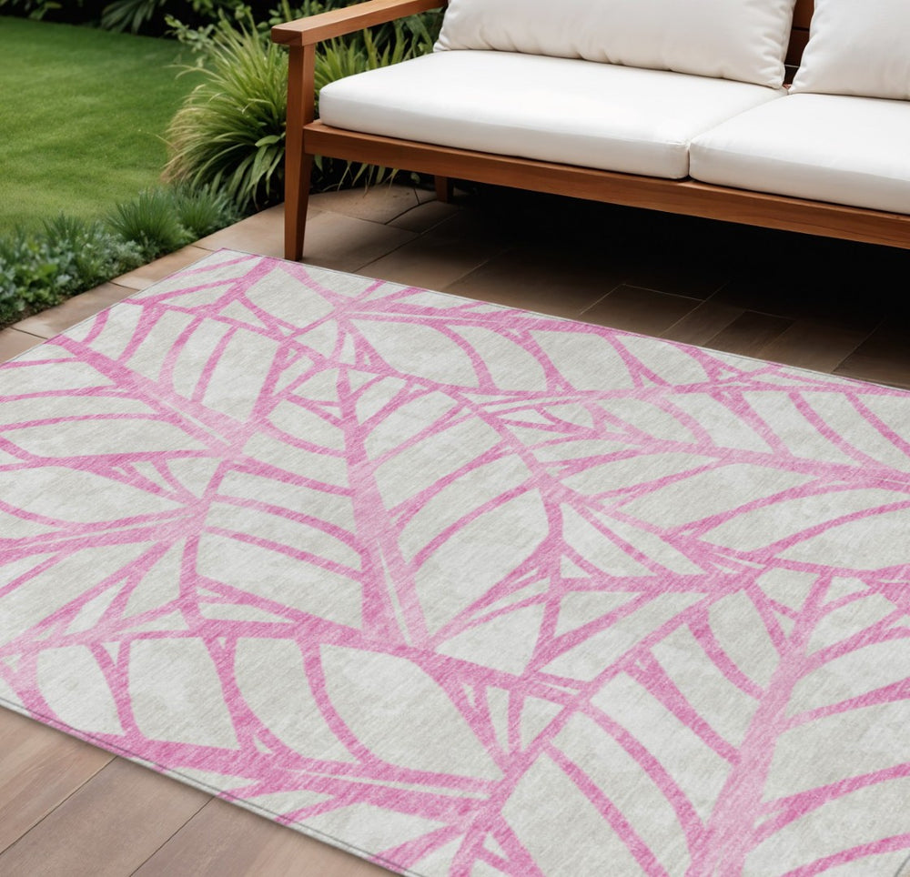 HomeRoots 5' Pink and Beige Floral Area Rug - Durable, Washable Design for Indoor and Outdoor Spaces 10' X 14' 584229