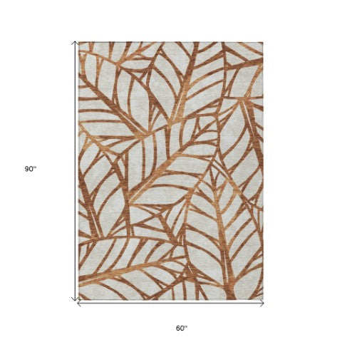 Homeroots 3' Artichoke Green And Beige Floral Washable Area Rug For Indoor Outdoor Use, Durable & Stylish 5' X 8' Polyester 584231