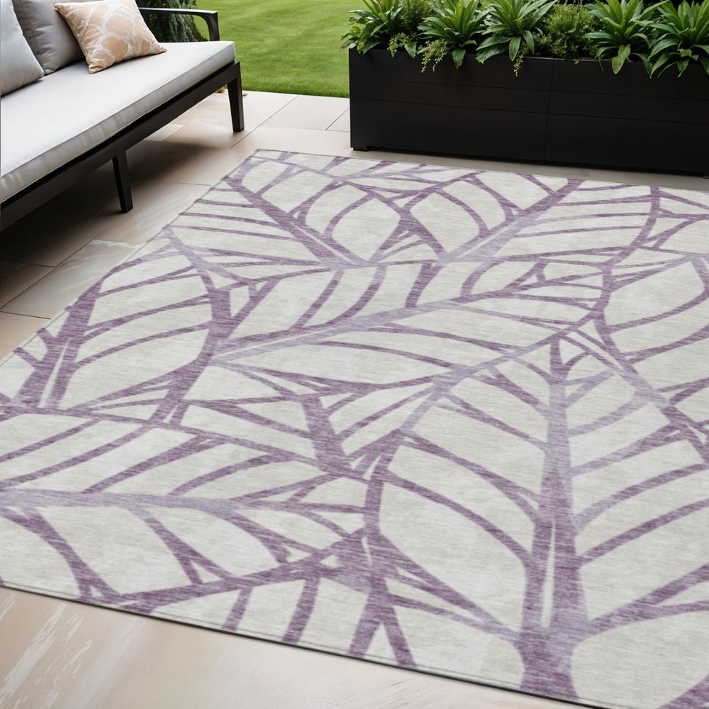 HomeRoots 5' Durable Floral Indoor Outdoor Area Rug - Purple Lavender & Beige, Machine Washable & Stain-Resistant 5' X 8' 584237