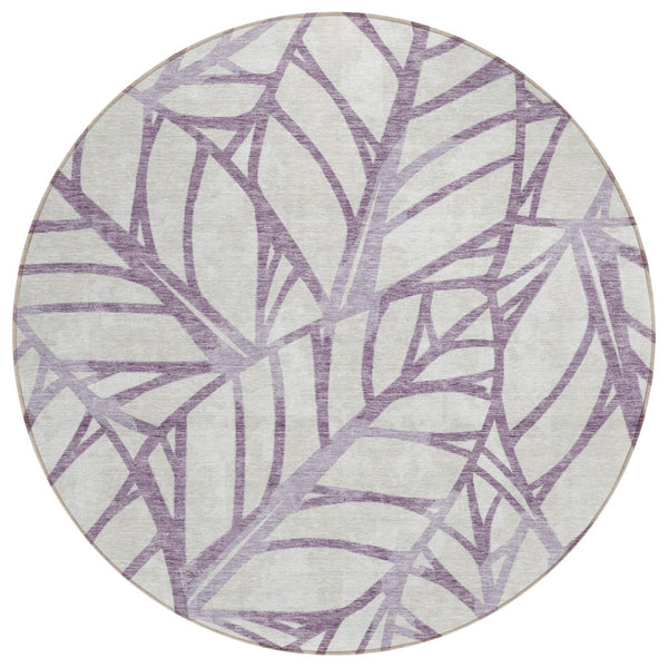 HomeRoots 5' Durable Floral Indoor Outdoor Area Rug - Purple Lavender & Beige, Machine Washable & Stain-Resistant 8' Round 584238