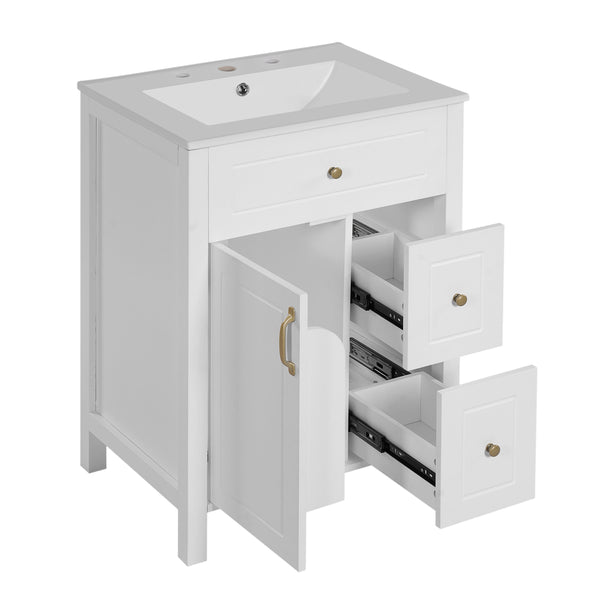 English Elm 24-Inch Bathroom Vanity with Ceramic Sink, Soft-Close Door & Drawers, Gold Handles, Durable Wood Elegance White N729P192078K
