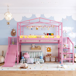 English Elm Twin Metal Loft Bed with Built-in Wardrobe Storage Stairs Led Lights and Usb Ports W5316S00046