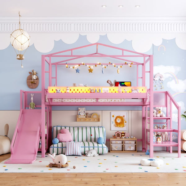 English Elm Twin Metal Loft Bed with Built-in Wardrobe Storage Stairs Led Lights and Usb Ports W5316S00046