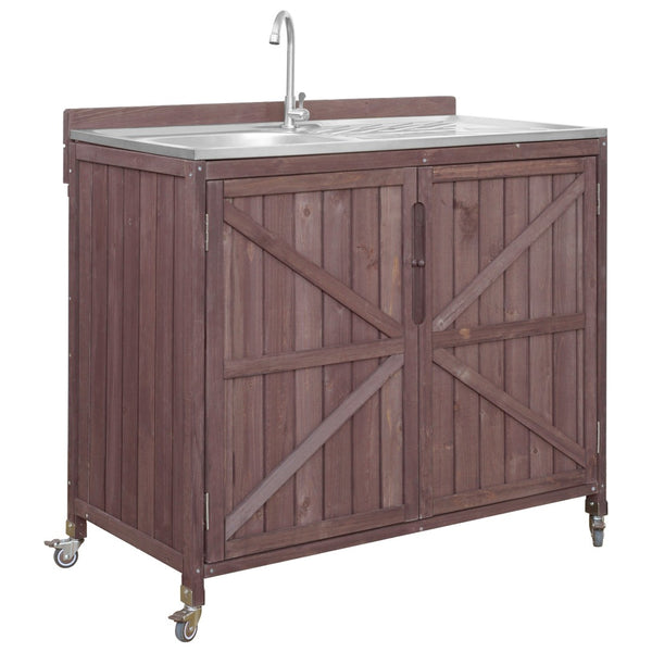 English Elm K&k Outdoor Modular Kitchen Island 2 Piece Fir Wood Stainless Steel Sink Station N707S000024Z