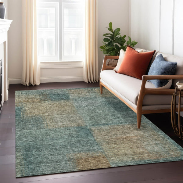 HomeRoots 5' Abstract Washable Area Rug in Teal, Blue, Brown & Taupe for Indoor & Outdoor Spaces, Durable Design 10' X 14' 584307