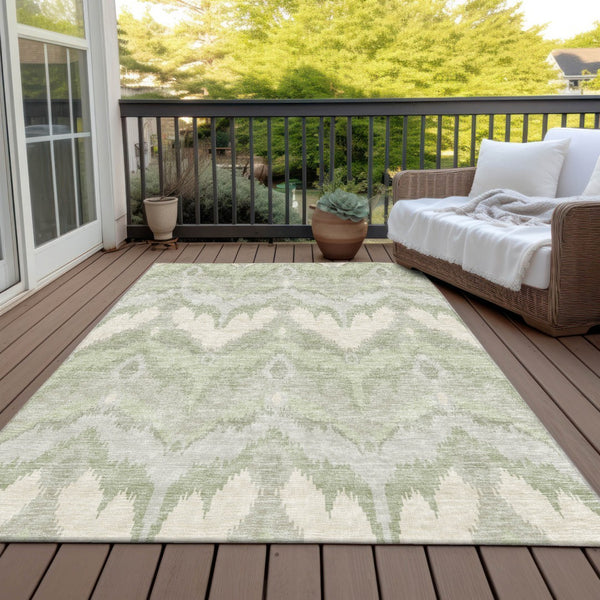 Homeroots 3' Artichoke Green And Beige Ikat Washable Area Rug - Perfect For Indoor And Outdoor Spaces 3' X 5' Polyester 584314