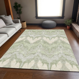 Homeroots 3' Artichoke Green And Beige Ikat Washable Area Rug - Perfect For Indoor And Outdoor Spaces 3' X 5' Polyester 584314