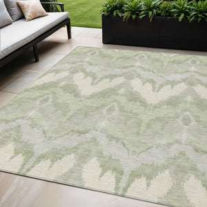 Homeroots 3' Artichoke Green And Beige Ikat Washable Area Rug - Perfect For Indoor And Outdoor Spaces 5' X 8' Polyester 584315