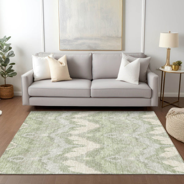 Homeroots 3' Artichoke Green And Beige Ikat Washable Area Rug - Perfect For Indoor And Outdoor Spaces 8' X 10' Polyester 584317