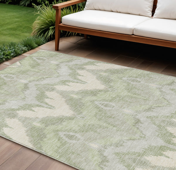 Homeroots 3' Artichoke Green And Beige Ikat Washable Area Rug - Perfect For Indoor And Outdoor Spaces 9' X 12' Polyester 584318