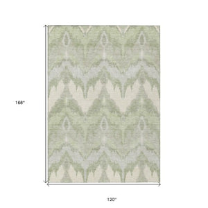 Homeroots 3' Artichoke Green And Beige Ikat Washable Area Rug - Perfect For Indoor And Outdoor Spaces 10' X 14' Polyester 584319