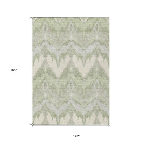 Homeroots 3' Artichoke Green And Beige Ikat Washable Area Rug - Perfect For Indoor And Outdoor Spaces 10' X 14' Polyester 584319