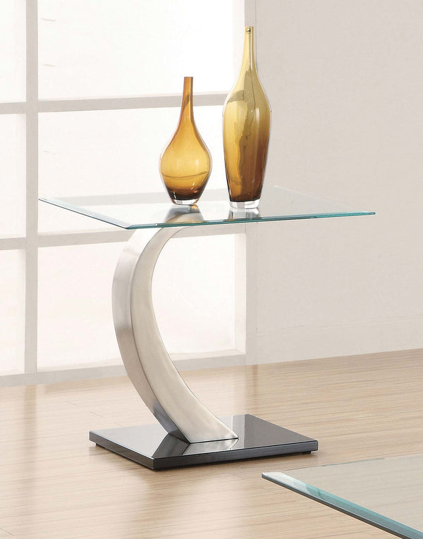 English Elm Terrell Satin Silver End Table with Rectangular Glass Top, Matte Metal Frame & Polished Black Base B062S00661