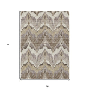 Homeroots 3' Artichoke Green And Beige Ikat Washable Area Rug - Perfect For Indoor And Outdoor Spaces 5' X 8' Polyester 584321