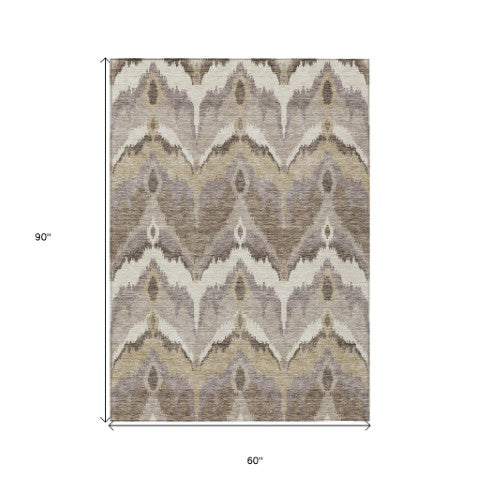 Homeroots 3' Artichoke Green And Beige Ikat Washable Area Rug - Perfect For Indoor And Outdoor Spaces 5' X 8' Polyester 584321